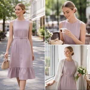 CO Sleeveless Wool Blend Belted Flounce Hem MIDI Dress in Soft Lilac Beige Sz S